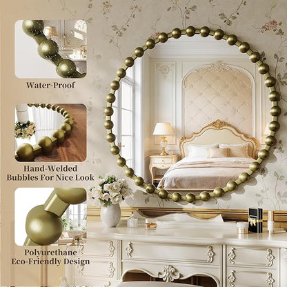 Round Mirror for Wall, 36 Inch Bronze Round Vanity Mirror with Beaded Frame, Modern Decorative Wall Mirror for Bathroom, Entryway, Bedroom, Living Room, Shatter-Proof Tempered Glass, Bronze