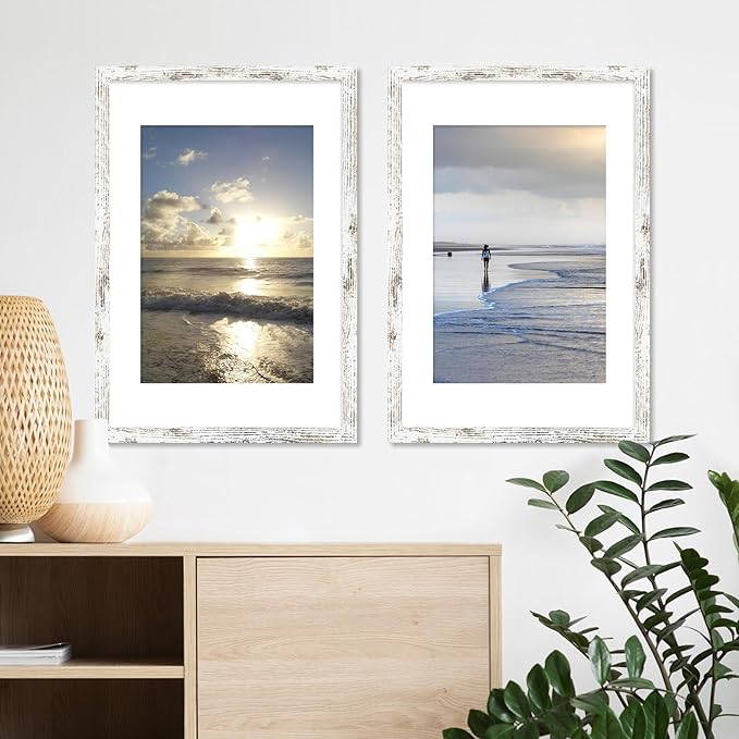 iRahmen 16x24 Picture Frame Set of 2 with Plexiglass, Distressed White Poster Frame Display 12x18 Picture with Mat or 16 x 24 Without Mat, Wood Photo Frame for Gallery Wall Mounting