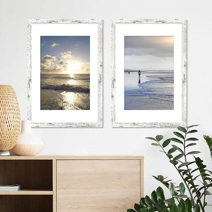 iRahmen 16x24 Picture Frame Set of 2 with Plexiglass, Distressed White Poster Frame Display 12x18 Picture with Mat or 16 x 24 Without Mat, Wood Photo Frame for Gallery Wall Mounting