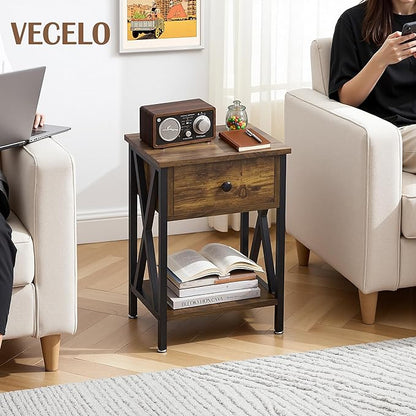 VECELO Nightstand,Modern Bedside End Tables, Night Stand with Drawer and Storage Shelf for Living Room Bedroom, Industrial Metal Frame