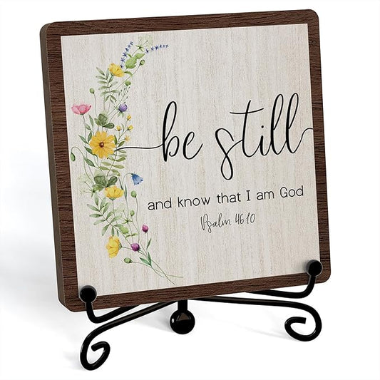 Inspirational Christian Desk Decor, Be Still And Know That I Am God Rutsic Sign, Desk Decorations For Office Home Living Room Bathroom, Eucalyptus Shelf Decor, Wooden Plaque With Stand (04)