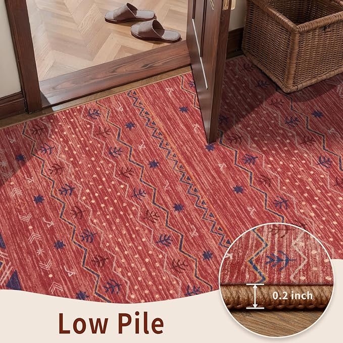 SERISSA 2x4 Rugs for Entryway, Washable Non-Slip Kitchen Runner Rug Small Red Ochre Rug, Soft Low-Pile Boho Geometric Door Mat Indoor Entrance Front Door Carpet for Bedroom Bathroom