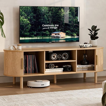 ZttRiee TV Stand for TVs up to 60 Inch, Entertainment Center with Sliding Doors and Adjustable Shelf, Modern TV Console with Storage for Living Room, Bedroom, Natural