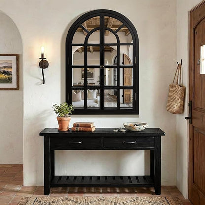 TRAHOME Arched Windowpane Mirror, 28"x40" Black Wood Frame Rustic Farmhouse Wall Mirror, Vintage Decorative Window Mirror for Living Room, Entryway, Bathroom