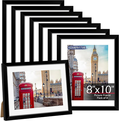 8x10 Picture Frame Set of 8, Black Photo Frames for Tabletop or Wall Display, Fits Pictures 5x7 with Mat or 8x10 Without Mat, Frame Collage with HD Plexiglass for Gallery Home Wall Decor