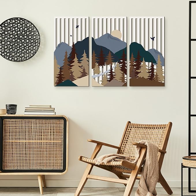 Suzile 3 Pcs Wall Sculptures Wooden Wall Decor Boho Geometric Line Hollow Wall Decor Mid Century Modern Decor Minimalist Geometric Art for Living Room Bathroom Bedroom Office Kitchen (Forest)