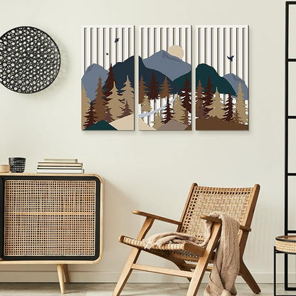 Suzile 3 Pcs Wall Sculptures Wooden Wall Decor Boho Geometric Line Hollow Wall Decor Mid Century Modern Decor Minimalist Geometric Art for Living Room Bathroom Bedroom Office Kitchen (Forest)