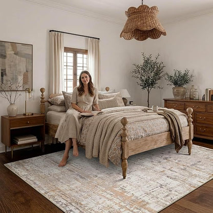 Rugxara 6x9 Washable Area Rug for Living Room, Modern Abstract Large Boho Rugs for Office, Dining Room, Kids Room, Farmhouse, Durable Low Pile Non Slip Carpet for High Traffic Areas, Taupe