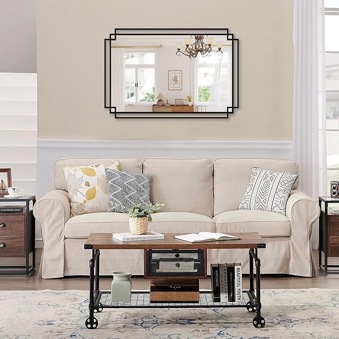Black Bathroom Mirror with Shelf, 36" x 24" Mirror Wall Decor with Modern Art Rectangular Metal Frame for Living Room, Bedroom, Dining Room, Entryway