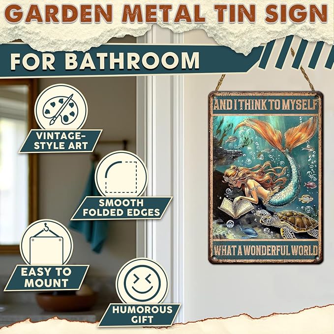 Mermaid Bathroom Wall Art, Vintage Coastal Metal Tin Sign for Beach House & Girls Room Decor - Rustic 8x12 Inch