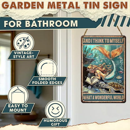 Mermaid Bathroom Wall Art, Vintage Coastal Metal Tin Sign for Beach House & Girls Room Decor - Rustic 8x12 Inch