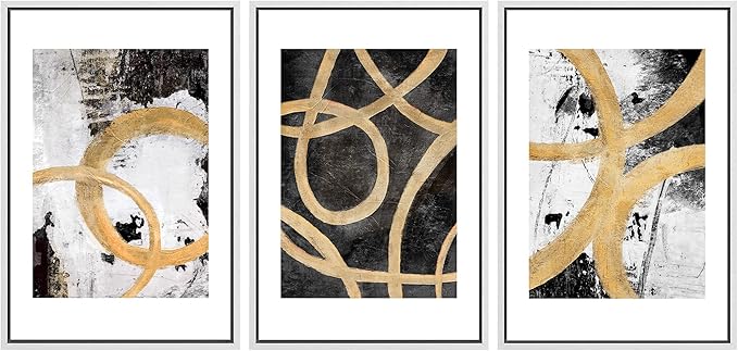 SIGNLEADER Framed Canvas Print Wall Art Set Gold Black Circle Ring Spiral Collage Abstract Shapes Illustrations Modern Art Decorative Contemporary for Living Room, Bedroom, Office - 24"x36"x3 WHITE