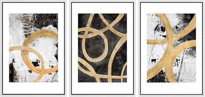 SIGNLEADER Framed Canvas Print Wall Art Set Gold Black Circle Ring Spiral Collage Abstract Shapes Illustrations Modern Art Decorative Contemporary for Living Room, Bedroom, Office - 24"x36"x3 WHITE