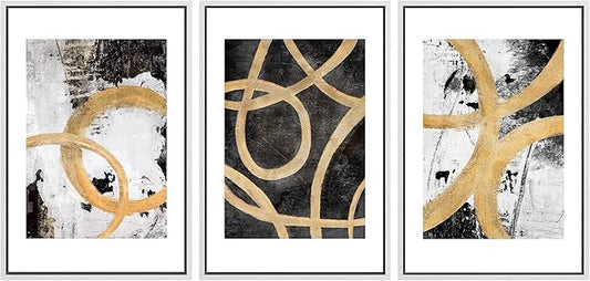 SIGNLEADER Framed Canvas Print Wall Art Set Gold Black Circle Ring Spiral Collage Abstract Shapes Illustrations Modern Art Decorative Contemporary for Living Room, Bedroom, Office - 16"x24"x3 WHITE