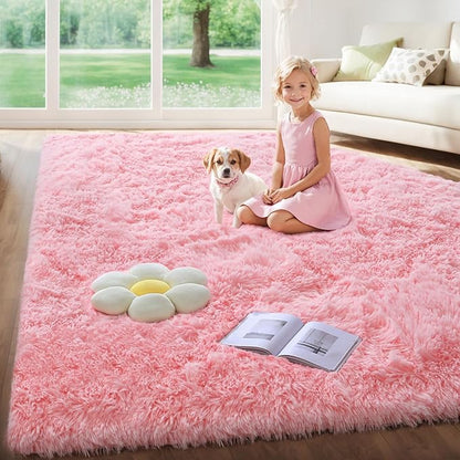 KICHOWUA Thick Area Rugs 6x9 Pink Fluffy Shag for Girls Bedroom, Soft Plush Fuzzy Washable Thickened Non-Slip Large Carpet for Living Room, Modern Shaggy Furry Rugs for Toddler Nursery Kids Dorm Room