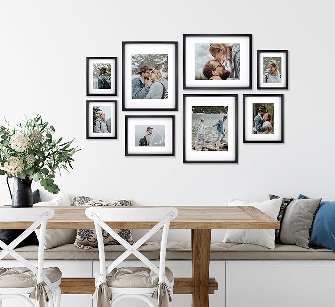 8 Pack Shadow Box Style Gallery Wall Frame Set – Deep Photo Frame Set with Mat for 8x10, 5x7 and 4x6 - Multiple Sizes Picture Frame Set for Wall Collage – Assorted Picture Frames for Wall (Black)
