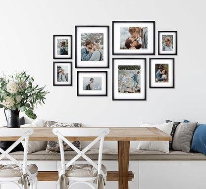 8 Pack Shadow Box Style Gallery Wall Frame Set – Deep Photo Frame Set with Mat for 8x10, 5x7 and 4x6 - Multiple Sizes Picture Frame Set for Wall Collage – Assorted Picture Frames for Wall (Black)