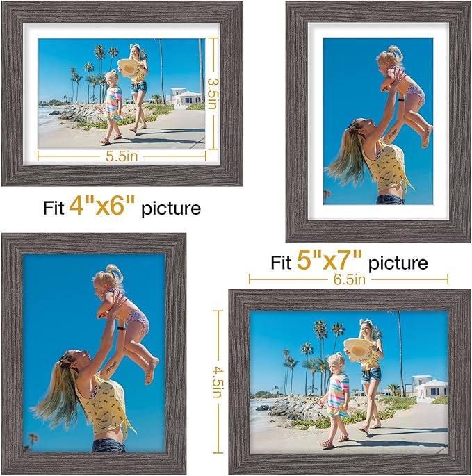 Vittanly 5x7 Picture Frames Set of 9, Display 4x6 Pictures with Mat or 5x7 without Mat, Photo Frames for Wall or Tabletop with Plexiglass, Engineered Wood, Dark Grey