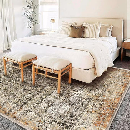 CHAMPLANT Area Rug 10'x14' Washable Vintage Traditional Mat Distressed Indoor Foldable Thin Retro Accent Floral Print Non Slip Carpet for Living Room Dining Room Office Large Rugs