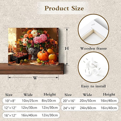 LB Vintage Kitchen Wall Art Pink and White Flower and Orange Pumpkin Floral Canvas Wall Art Modern Aesthetic Wall Decor for Living Room Restaurant Home Decoration Framed Ready to Hang 12L x 16W