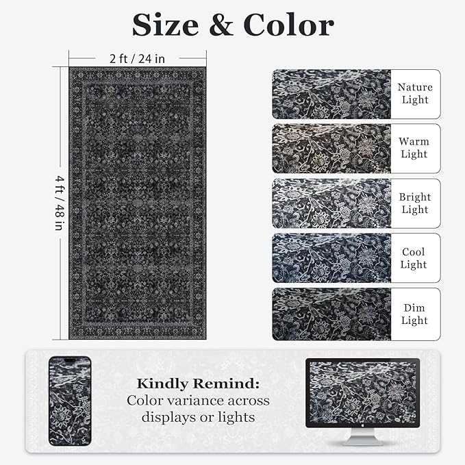 Dark 2x4 Entryway Rug, Vintage Door Mat Indoor Entrance Entry Way, Washable Non Slip Low Pile Thin Small Runner Rug for Kitchen Floor Sink Area Bathroom Bedside, Earth Tone Muted Midnight