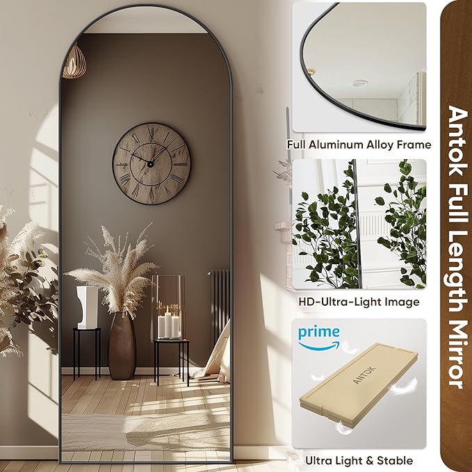 Antok Arched Full Length Mirror, 58"x19" Black Metal Frame Floor Mirror for Bedroom Living Room, Freestanding/Wall Mount/Leaning