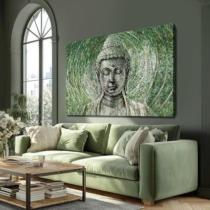 ZENPEE Large Green Buddha Wall Art 32x48 Inch, Zen Canvas Wall Art for Living Room Bedroom, Spiritual Meditation Wall Decor, Buddha Print for Home