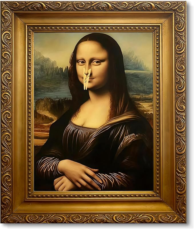 XYHYRA Funny Mona Lisa Bathroom Wall Art, Mona Lisa with Clothespin Nose Painting Print, Vintage Humorous Restroom Wall Decor Canvas Poster for Toilet Bathroom Home Decor 8x10 Inch Unframed
