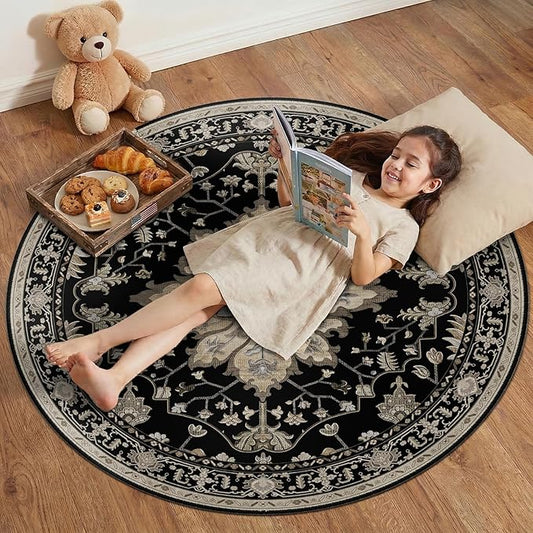 RELEANY Area Rugs Round 4ft Washable Non-Slip, Floral Vintage Distress Print Pattern Medallion Carpet for Living Room Bedroom Dining Room, Black Brown Neutral Dark Tan