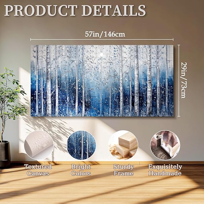 SERIMINO Birch Forest Wall Art, Nature Tree Extra Large Artwork, Spiritual Landscape Canvas Painting, Blue and White Aesthetic Pictures Wall Decor Living Room Bedroom Office Art Prints 29"X57"