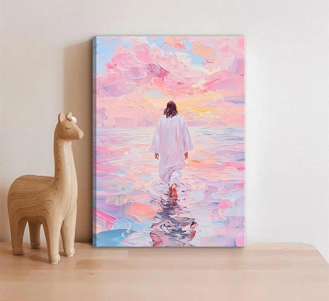 Jesus Canvas Wall Art Pink Jesus Walks on Water Canvas Paintings Prints Religious Savior Wall Decor Christian Bible Stories Poster printing Artwork for Living Room Bedroom Church Decoration 24x36in