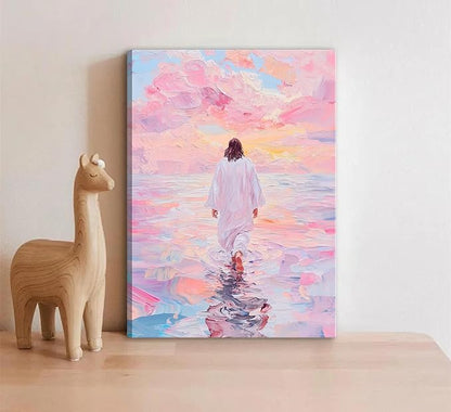 Jesus Canvas Wall Art Pink Jesus Walks on Water Canvas Paintings Prints Religious Savior Wall Decor Christian Bible Stories Poster printing Artwork for Living Room Bedroom Church Decoration 24x36in