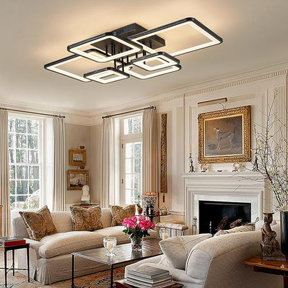 Shine LUEST Modern LED Ceiling Light Fixture Black Kitchen Lighting Fixtures Ceiling for Bedroom 31.5" Dimmable 6 Ring Square Ceiling Light for Kitchen with Remote Control for Living Room,Dining Room