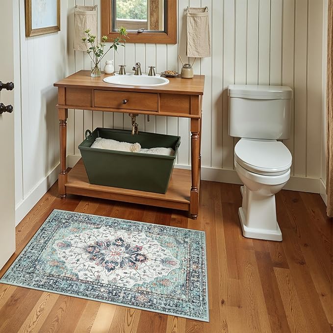 RELEANY Area Rugs 2'x3' Kitchen Rugs Entry Rug Small Rugs for Entryway Kitchen Bathroom Door Mat Indoor Entrance,Washable Non Slip, Green Navy Blue White Red Teal Colorful