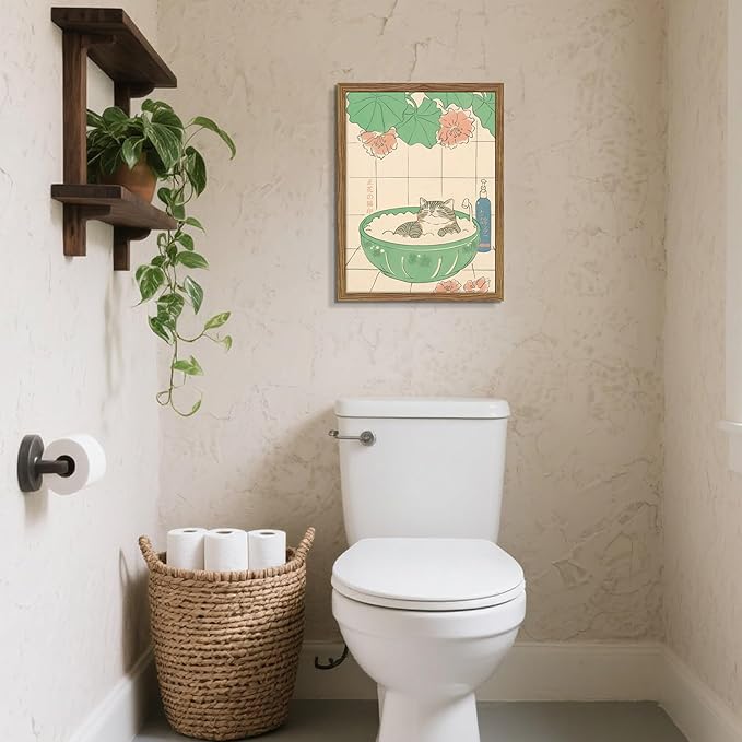 Japanese Cat Bathroom Wall Art Set of 3, Funny Cat in Bathtub Canvas Wall Decor Paintings, Vintage Japandi Cute Animal Aesthetic Poster Prints Pictures for Restroom Bathroom 16x24 Inch Framed