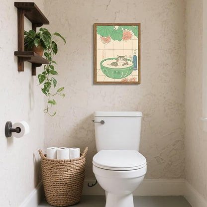 Japanese Cat Bathroom Wall Art Set of 3, Funny Cat in Bathtub Canvas Wall Decor Paintings, Vintage Japandi Cute Animal Aesthetic Poster Prints Pictures for Restroom Bathroom 16x24 Inch Framed