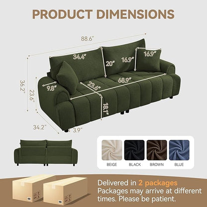 88 "Modern Boucle Sofa Couch, Oversized Comfy 3 Seater Sherpa Curved Sofas Deep Seat, Upholstered Loveseat Teddy Round Arm Couches for Living Room, Bedroom, Green
