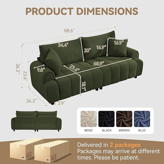 88 "Modern Boucle Sofa Couch, Oversized Comfy 3 Seater Sherpa Curved Sofas Deep Seat, Upholstered Loveseat Teddy Round Arm Couches for Living Room, Bedroom, Green