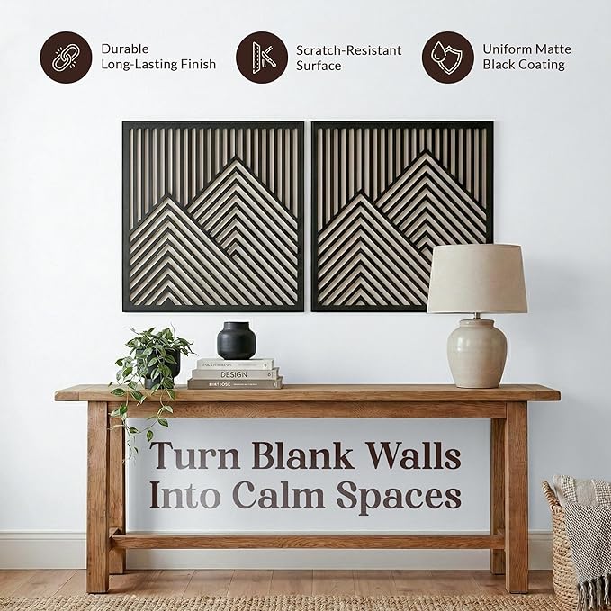 River's Edge Essentials Wood Mountain Wall Decor – Set of 2 Modern Wood Wall Art for Living Room, Bedroom & Cabin | Wooden Mountain Wall Art Decor | Rustic Geometric Nature Panels, Large 21.5”