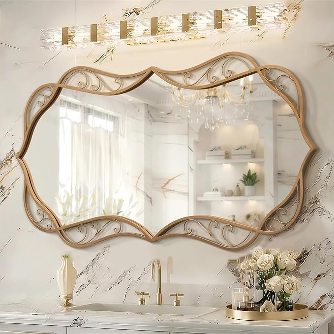 Besdomus Gold Bathroom Wall Mirror: 24"x48" Scalloped Modern Brass Gold Vanity Mirror for Wall - Farmhouse Decorative Vertical or Horizontal Hanging - Wall Decor for Living Room/Bedroom/Bathroom