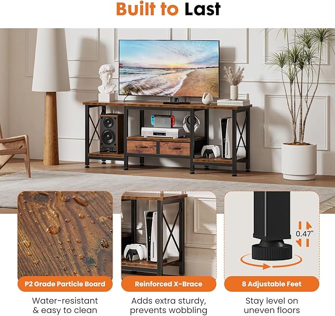 DUMOS 55” TV Stand with Power Outlets, Entertainment Center for TVs Up to 65 Inches, Industrial Media Console with Fabric Drawers & Open Shelves, Rustic Brown TV Table for Living Room, Bedroom