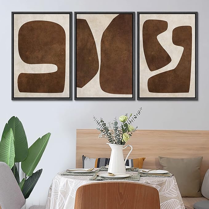 SIGNLEADER Framed Canvas Print Wall Art Set Brown Tan Retro Polygon Collage Abstract Shapes Illustrations Modern Art Geometric Zen Mid-Century for Living Room, Bedroom, Office - 16"x24"x3 BLACK