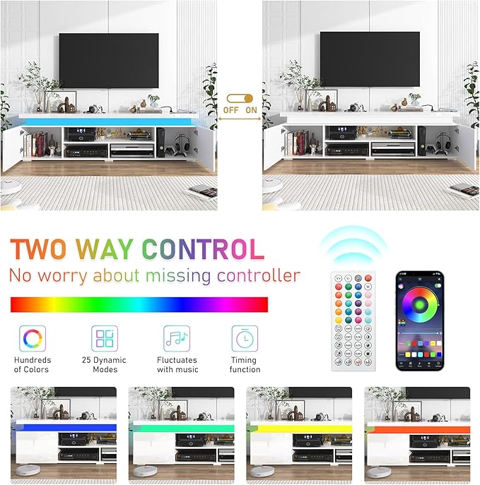 Hlivelood LED TV Stand for 85 Inch TV, Modern TV Stand with Power Outlet, High Gloss TV Console Entertainment Center with Storage and LED Lights for Living Room, Bedroom (73 Inch, White)