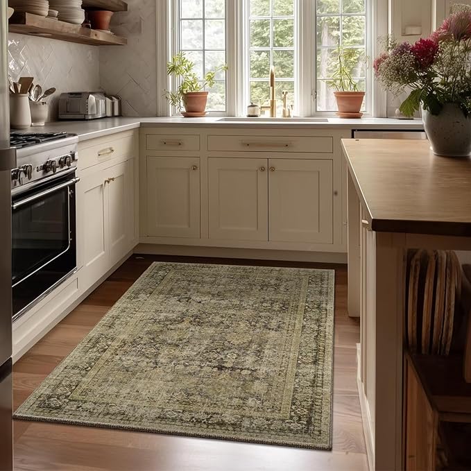 Washable 3x5 Entryway Rug, Boho Non-Slip Vintage Distress Small Rugs for Kitchen Nursery Office Bedroom, 0.3" Neutral Oriental Throw Thin Carpet with Cushioning Pad, Moss/Yellow/Multi, C3