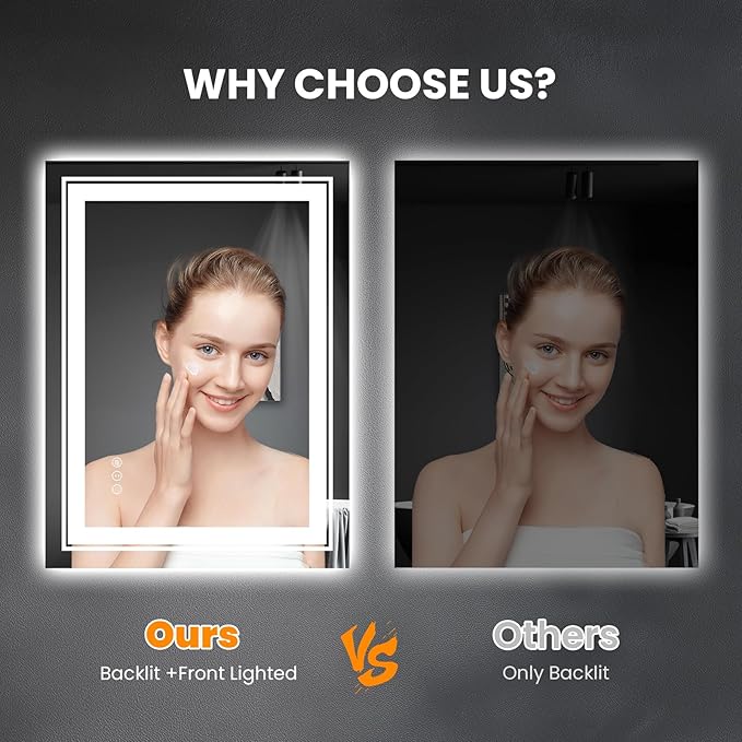 Snowdool LED Bathroom Mirror, 20"x28" Mirror with Front and Backlit, Anti-Fog, Bathroom Vanity Mirror for Wall, Memory, Stepless Dimmable, Tempered Glass (Horizontal/Vertical)
