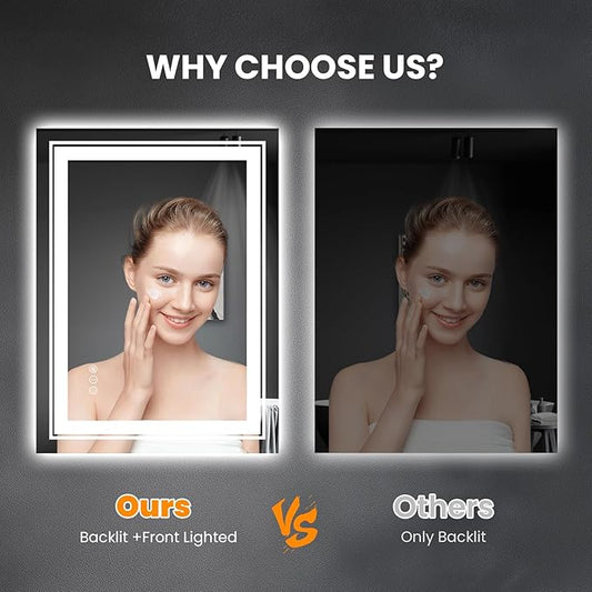 Snowdool LED Bathroom Mirror, 20"x28" Mirror with Front and Backlit, Anti-Fog, Bathroom Vanity Mirror for Wall, Memory, Stepless Dimmable, Tempered Glass (Horizontal/Vertical)
