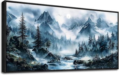 ERQINHUA Large Wall Decor For Bedroom Black Framed Canvas Wall Art For Living Room Office Decorations Misty Forest Wall Paintings Tree Landscape Pictures Artwork Modern Home Decor 30x60 Inches