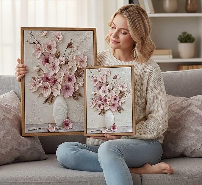 Framed Pink Floral Canvas Wall Art Abstract Flowers Plant Bouquet in Vase Painting Picture Wall Decor Poster Print Artwork for Living Room Bedroom Woman Room Home Decoration