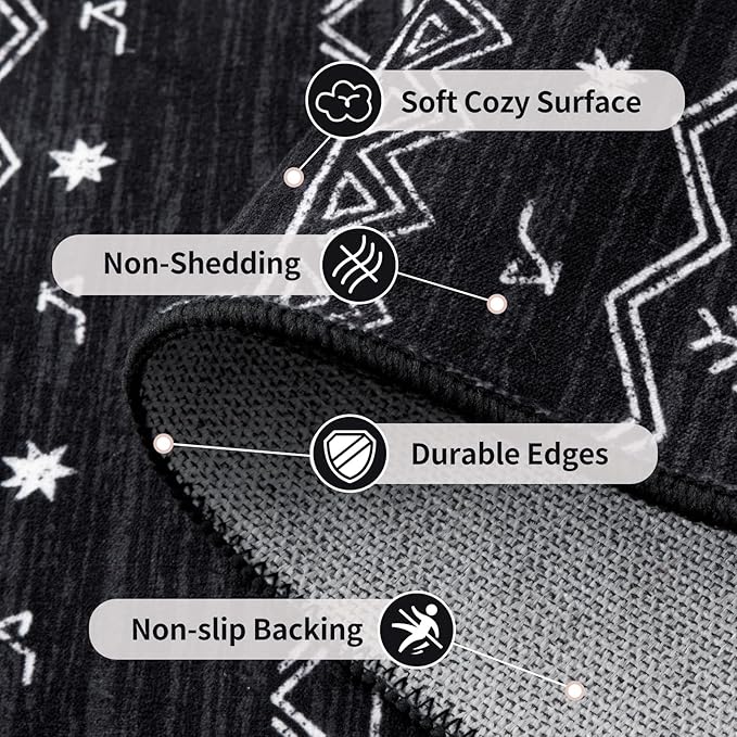 SERISSA 2x5 Kitchen Runner Rug, Washable Non-Slip Black and White Boho Rug, Soft Low-Pile Geometric Indoor Carpet for Hallway Laundry Room Bathroom Bedroom Entryway