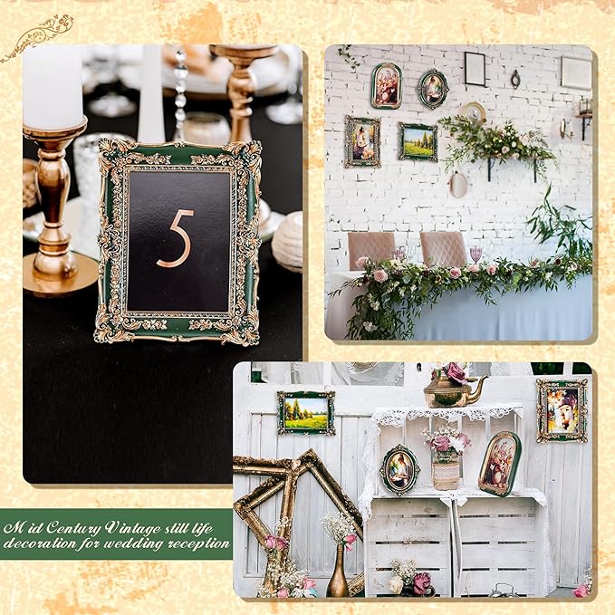 Geetery 4 Pcs Vintage Picture Frames Set, Green Ornate Baroque Frames for Gallery Wall, Antique Victorian Decorative Photo Frame for Tabletop or Wall Display, Shabby Cottagecore Home Decor